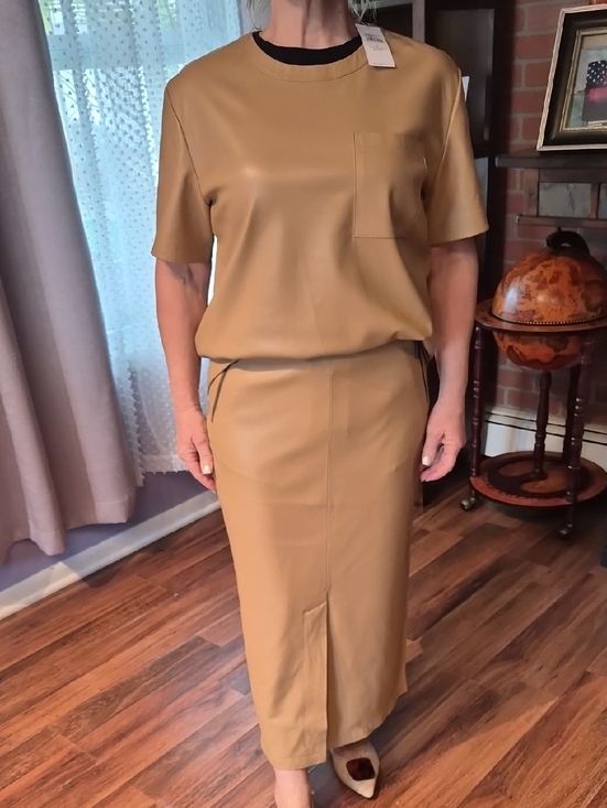 Wilsons Leather Other - Wilsons Leather Camel Faux Leather Top And A Skirt PTP 21 LENTH 30 waist 15"